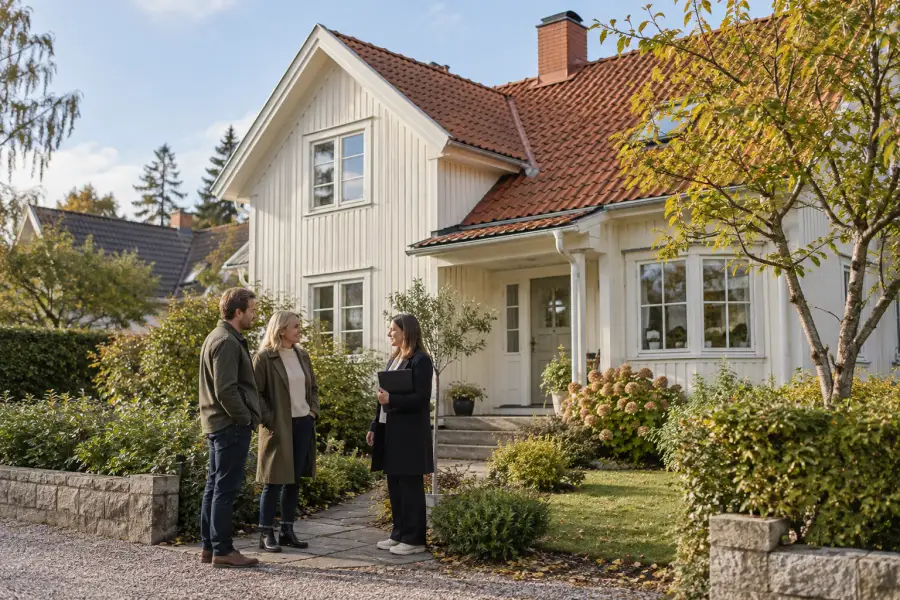 Visning av en svensk villa en höstdag